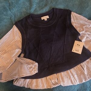 Chic Navy and White Sweater Vest Long Sleeve Dress